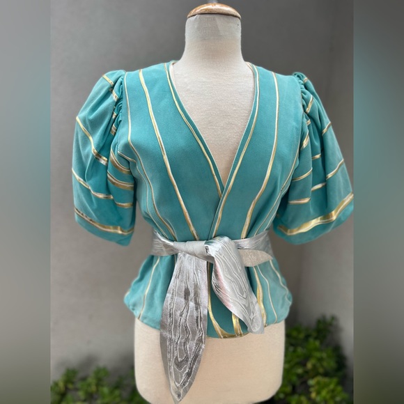 Vintage gorgeous teal suede gold silver painted jacket top belt XS Terry & Toni - Picture 4 of 13